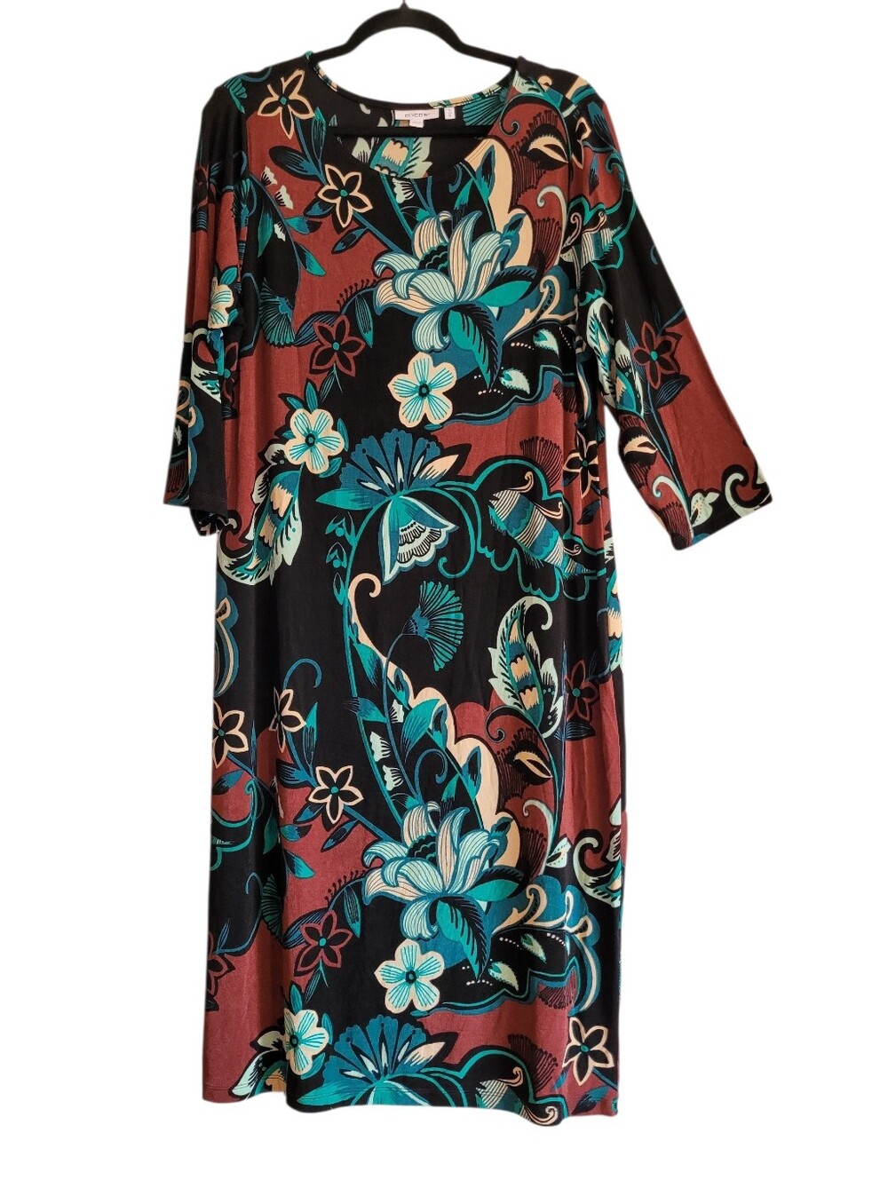 Chico's Dark Floral 3/4 Sleeve Sz XL Dress Slinky Stretchy Career Travel Vibrant